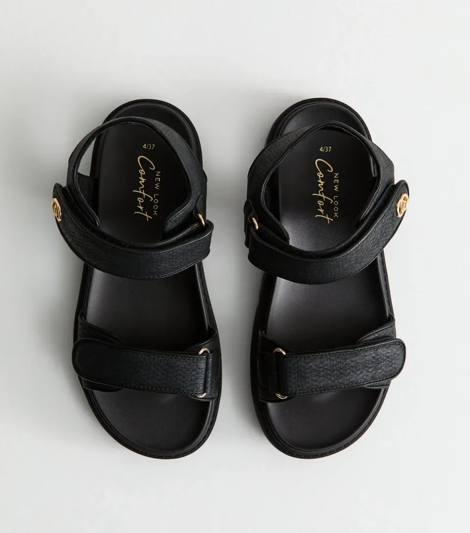 Women's Black Faux Leather Raffia Strap Sandals Vegan
