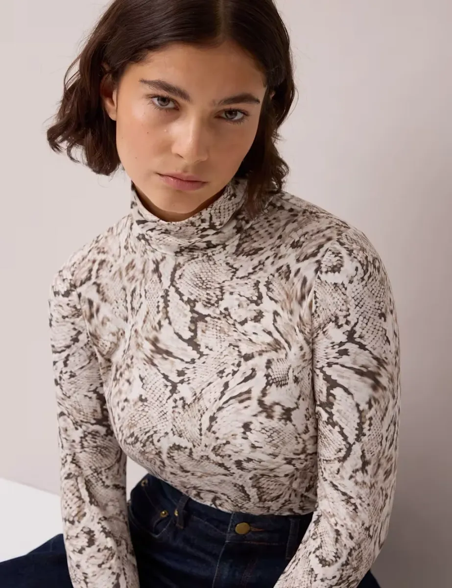 Snake Print Roll Neck Slim Fit Top Natural Mix