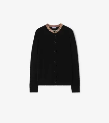 Check Trim Wool Cardigan in Black