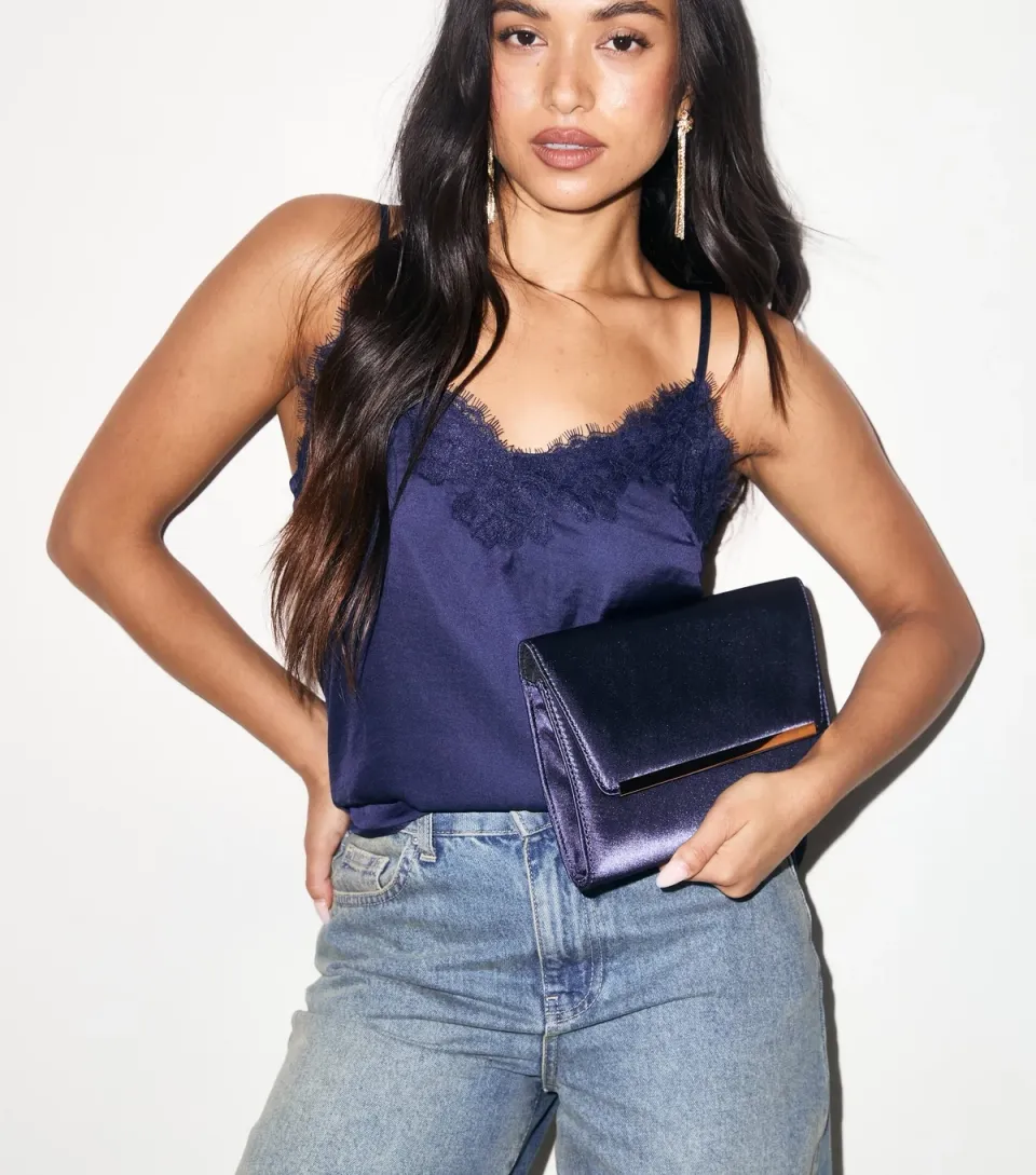Navy Satin Rectangular Bar Clutch