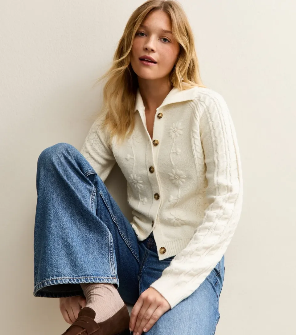 Women's Cream Floral Embroidered Lightweight Knit Cardigan