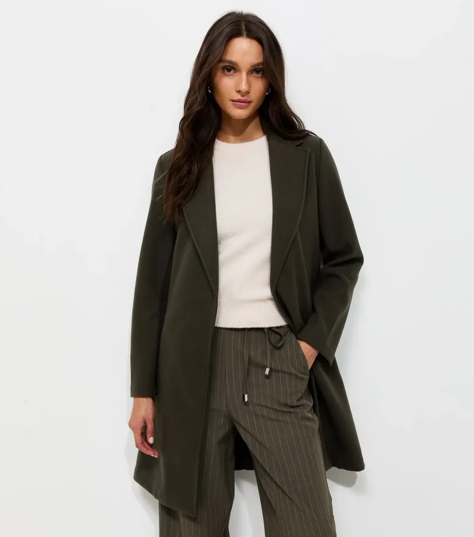 Women's Dark Khaki Open Front Longline Formal Coat