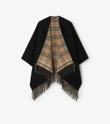 Reversible Check Wool Cape in Black/sand beige