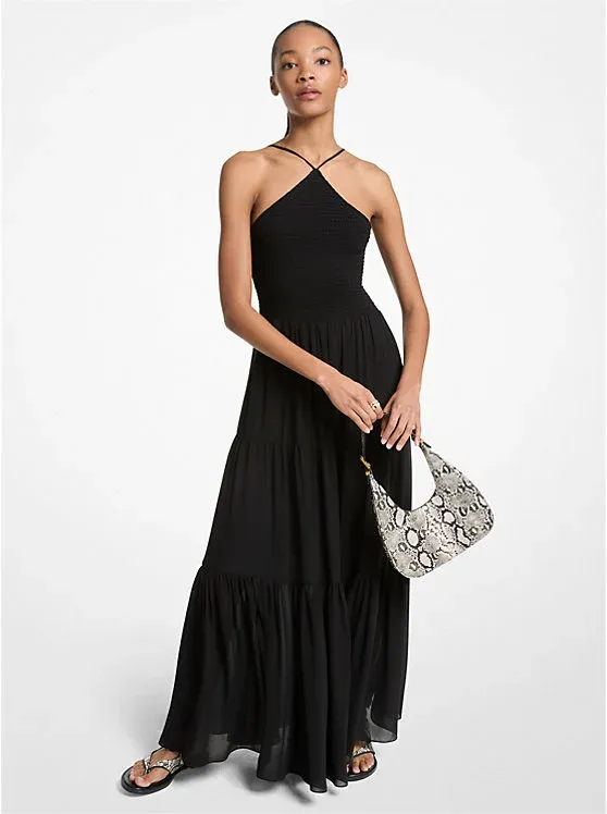 Smocked Georgette Halter Maxi Dress