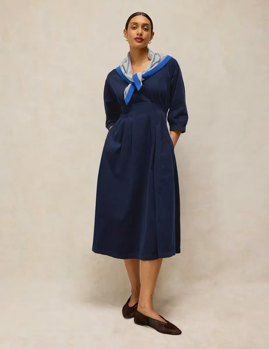 Cord V Neck Maxi Tea Dress Dark Navy