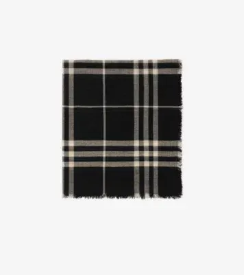 Wide Check Wool Scarf in Black/calico beige