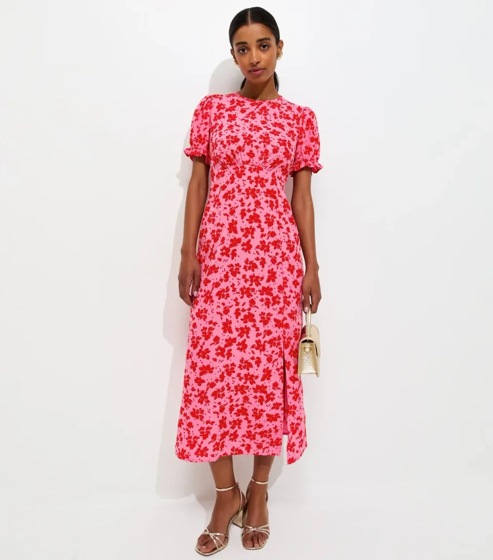 Women's Pink Crepe Floral Short Sleeve Midi Dress