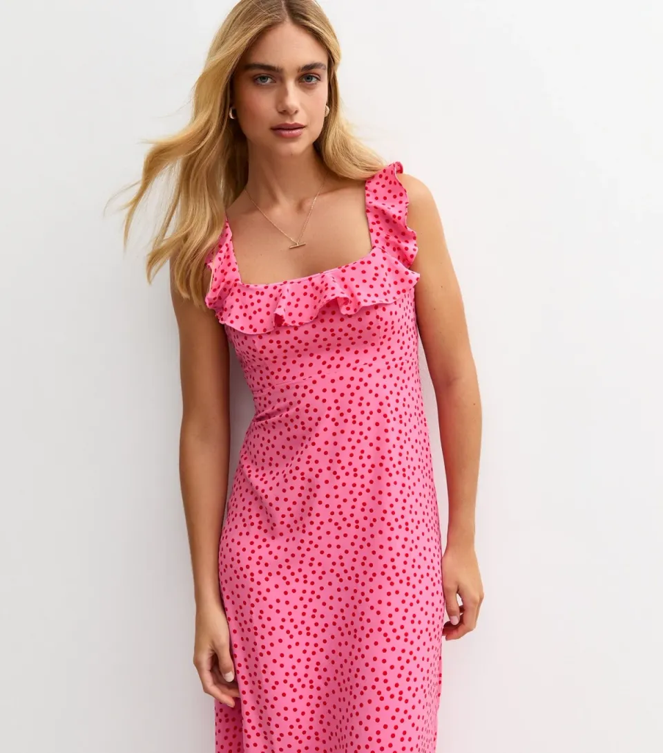 Women's Pink Polka Dot Ruffle Trimmed Midi Dress