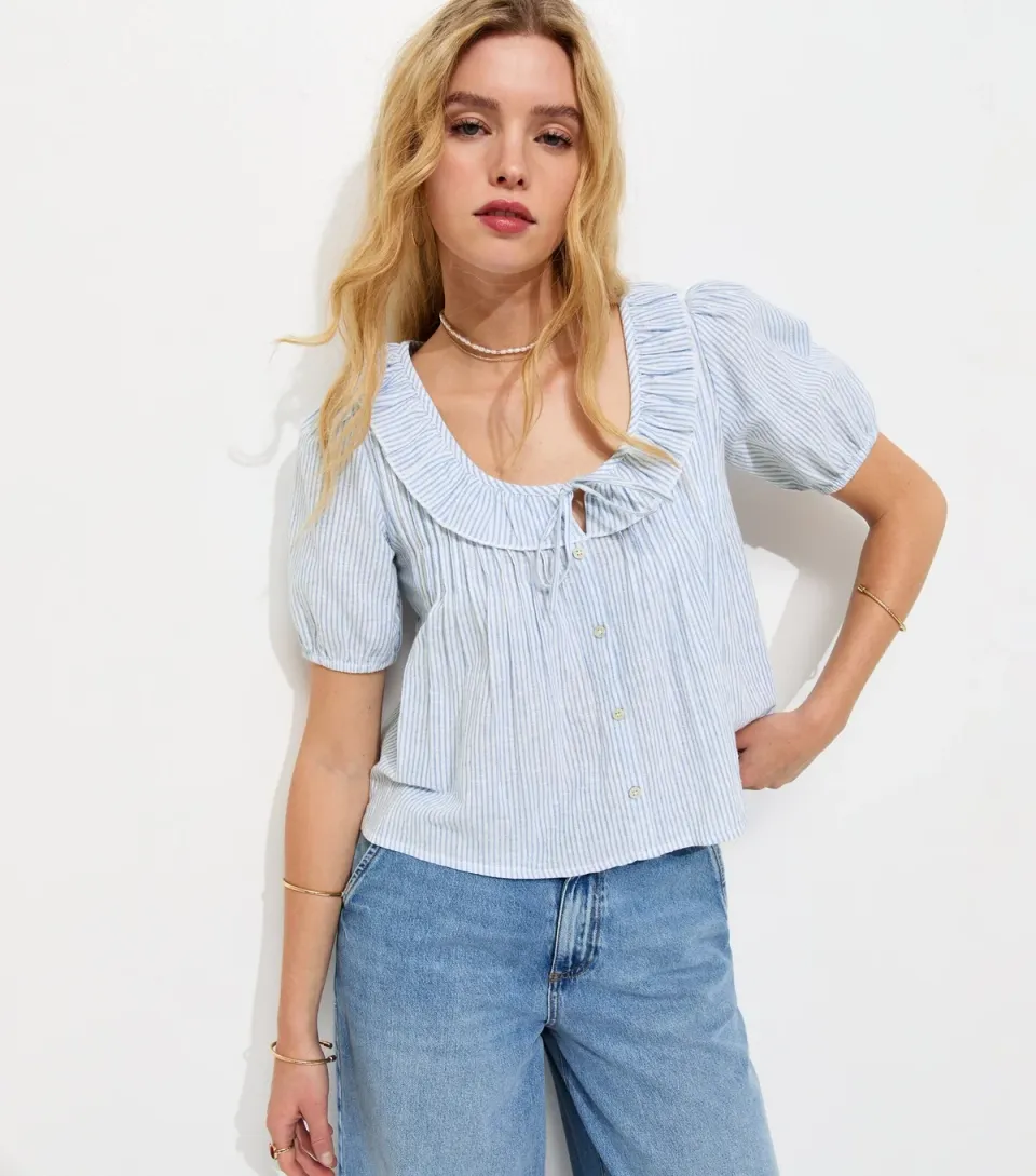 Women's Light Blue Striped Frill Neckline Blouse
