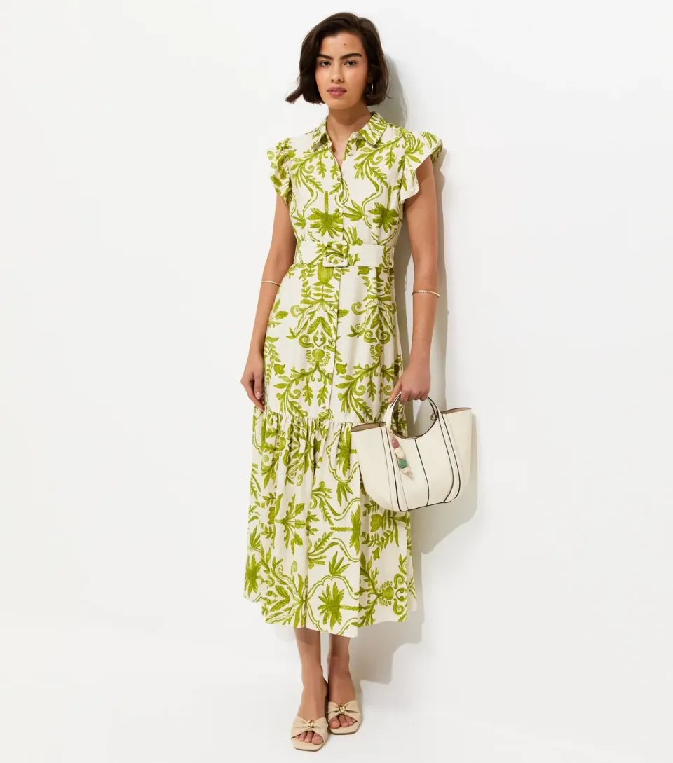 Women's Green Lotus Print Belted Midi Shirt Dress