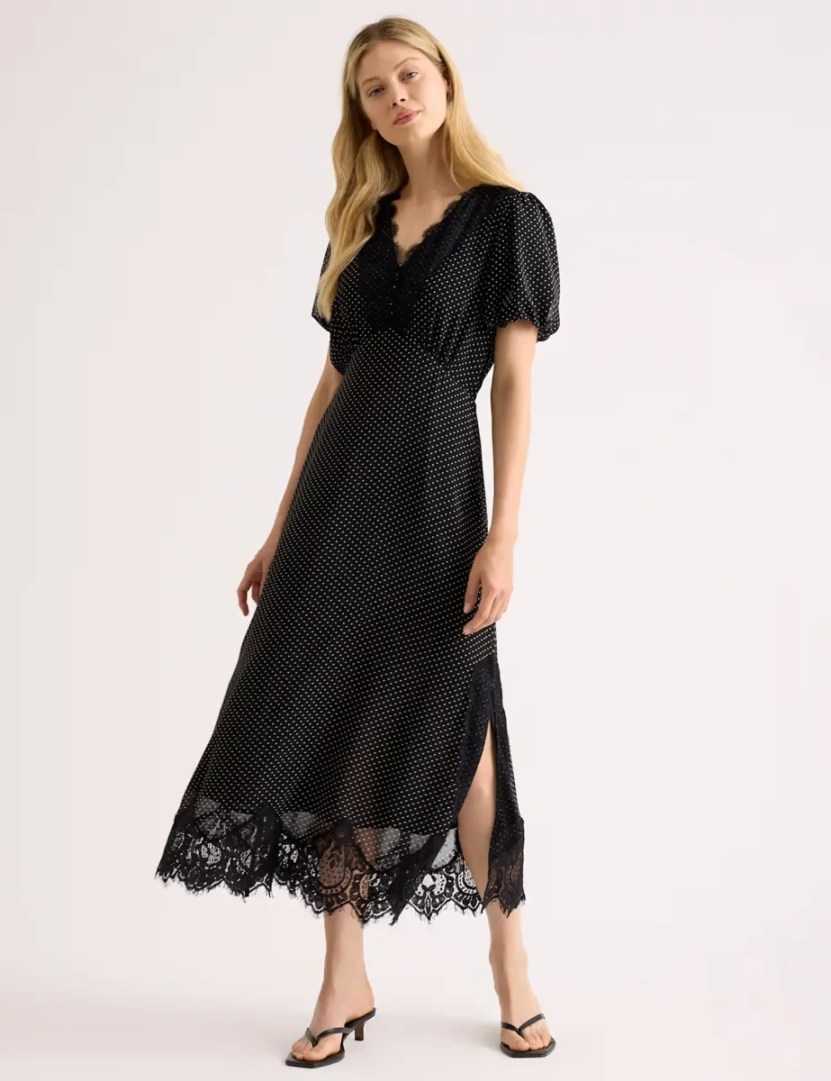 Chiffon Spot Print Lace Trim Midi Tea Dress