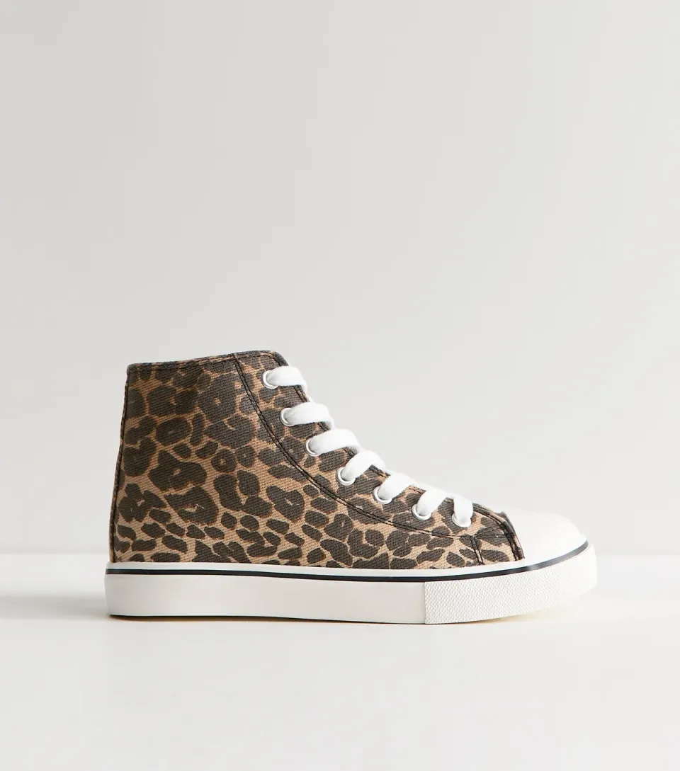 Women's Brown Canvas Leopard Print High Top Trainers Vegan