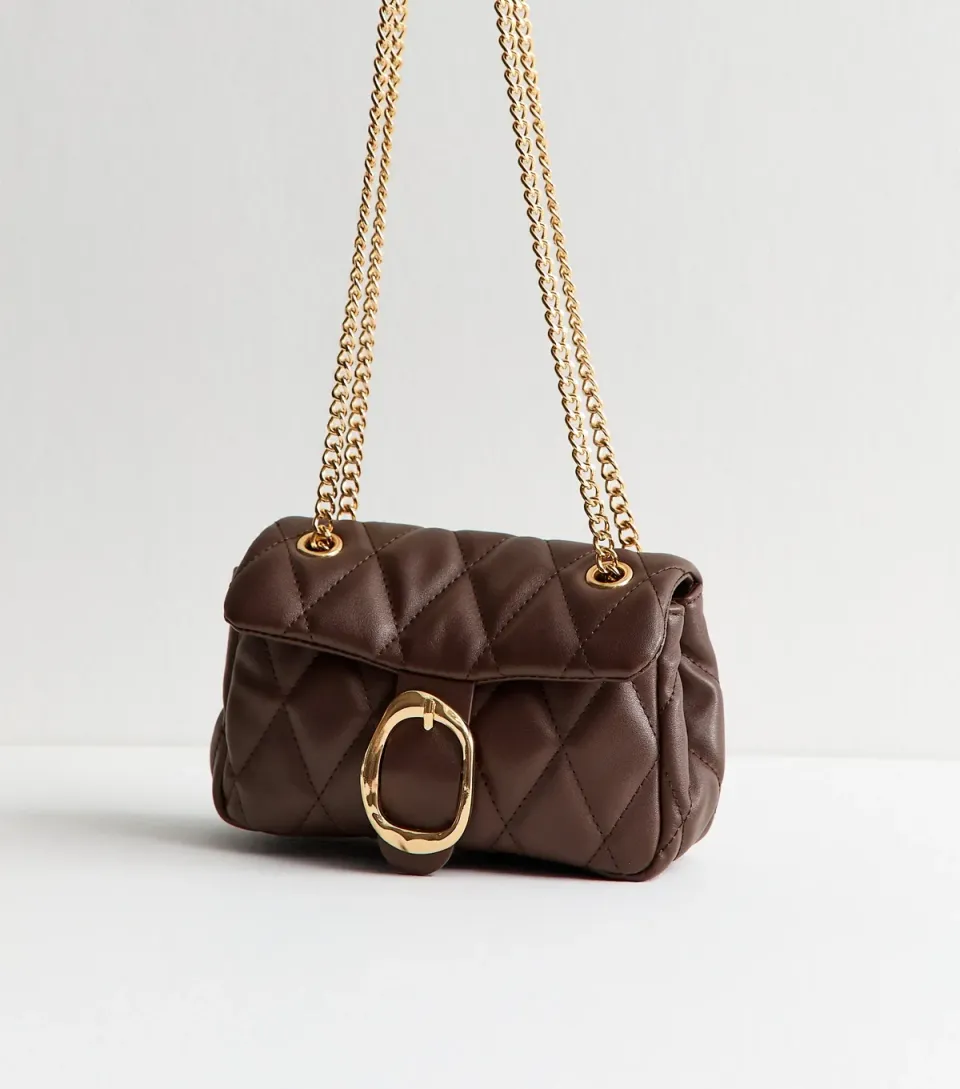 Dark Brown Quilted Faux Leather Chain Strap Bag Vegan