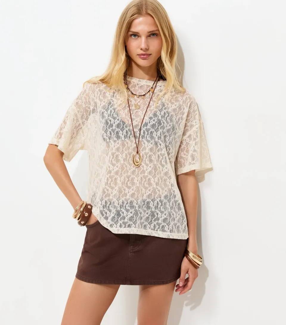 Women's Cream Oversized Lace Boxy Fit Top