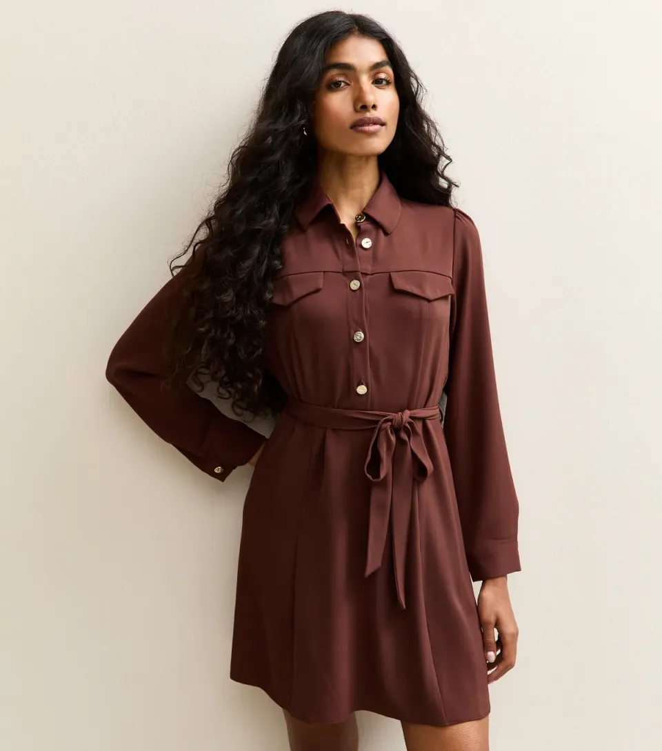 Women's Petite Brown Shirt Mini Dress