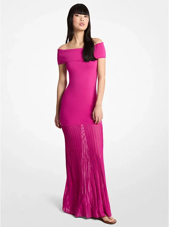 Pleated Stretch Knit Off-The-Shoulder Maxi Dress