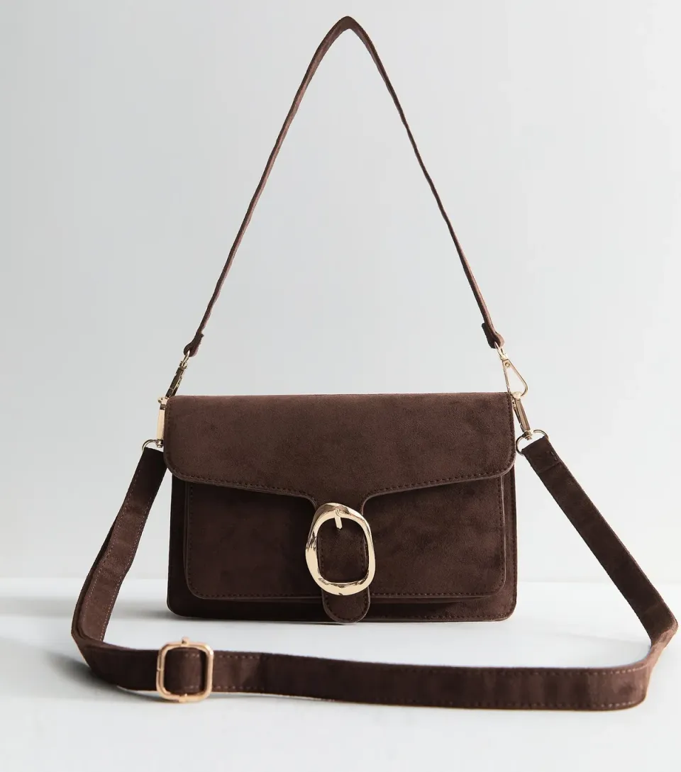 Dark Brown Faux Suede Sculpted Buckle Shoulder Bag