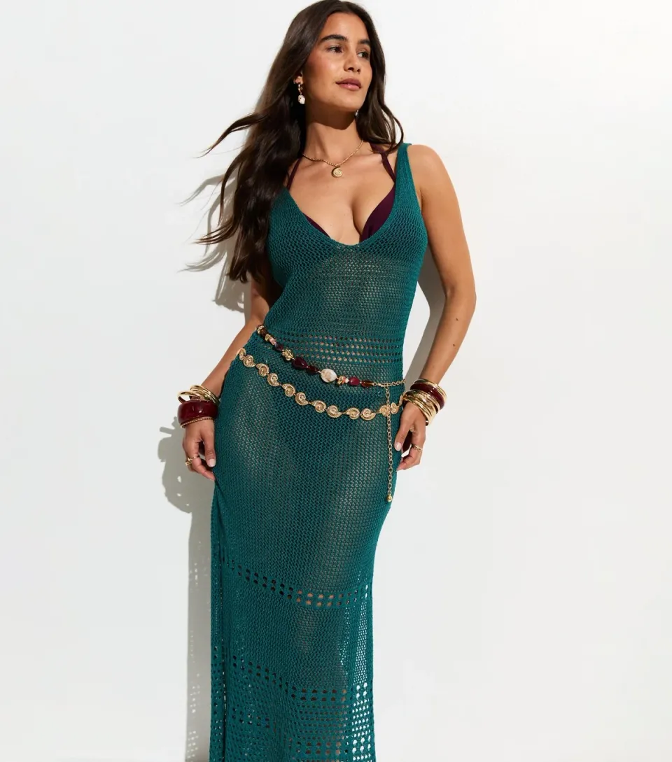 Women's Teal Crochet Knit Maxi Dress