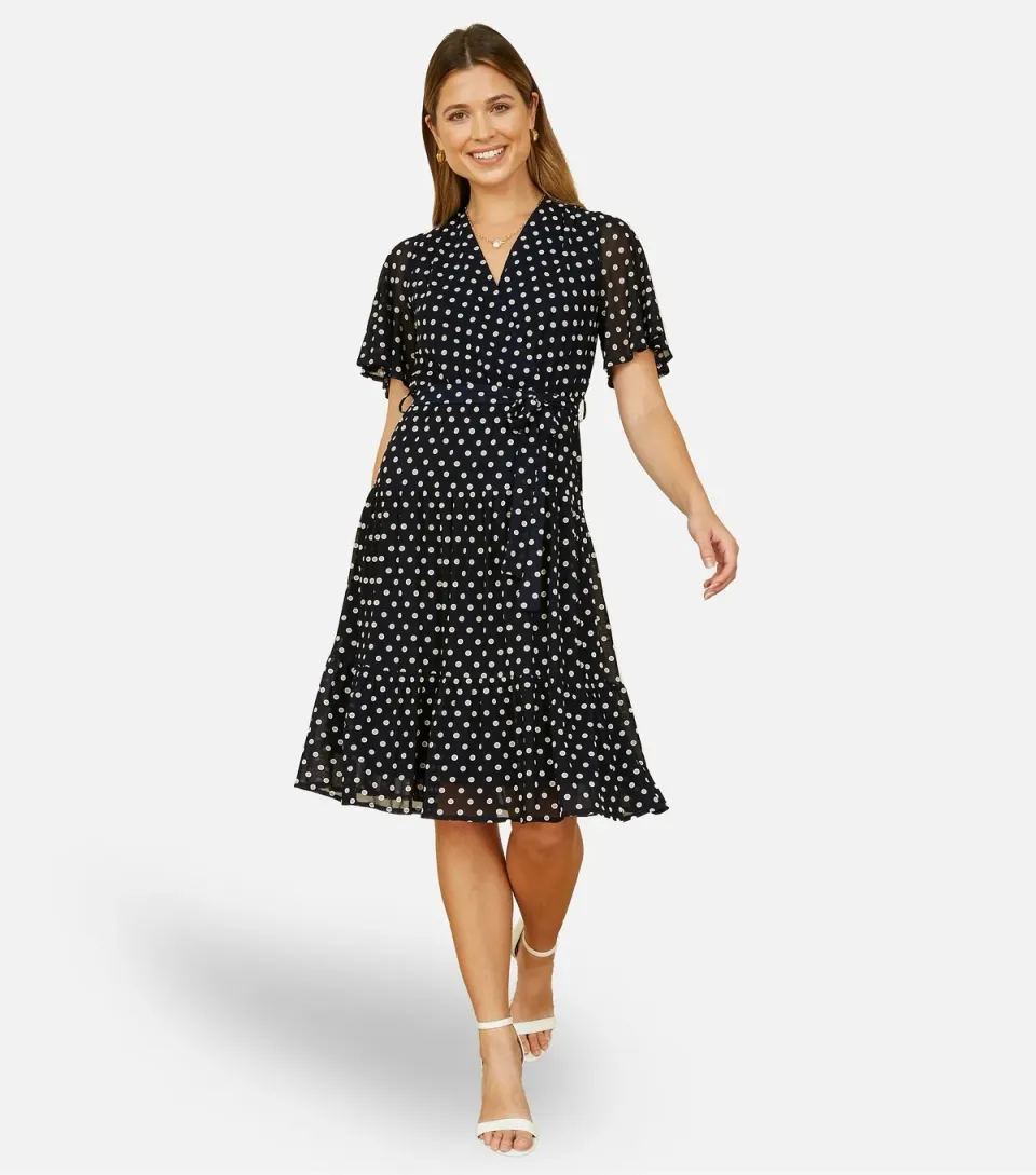 Women's Navy Dot Print Flutter Sleeve Midi Dress