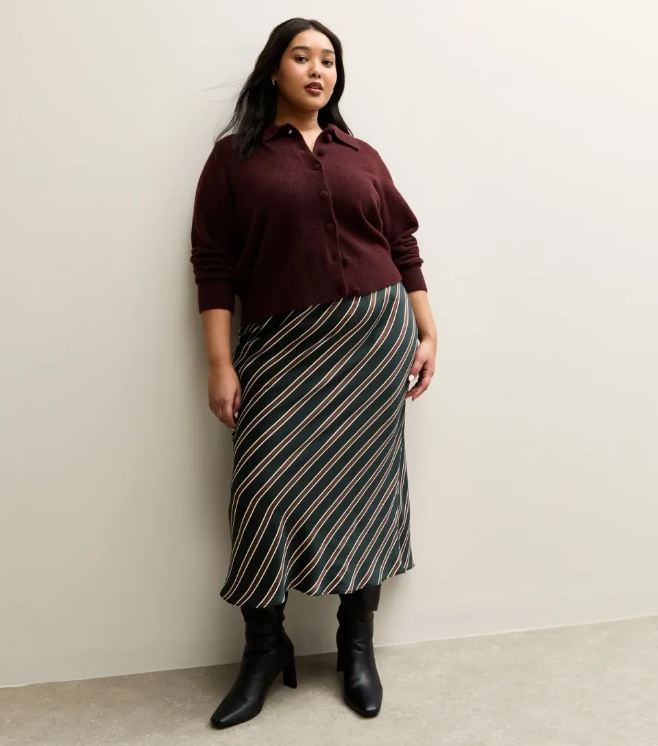 Women's Plus Size Black Satin Striped Bias Cut Midi Skirt Curves