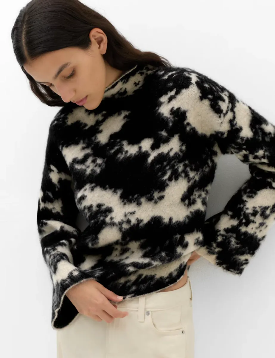 Wool Blend Animal Print Funnel Neck Jumper