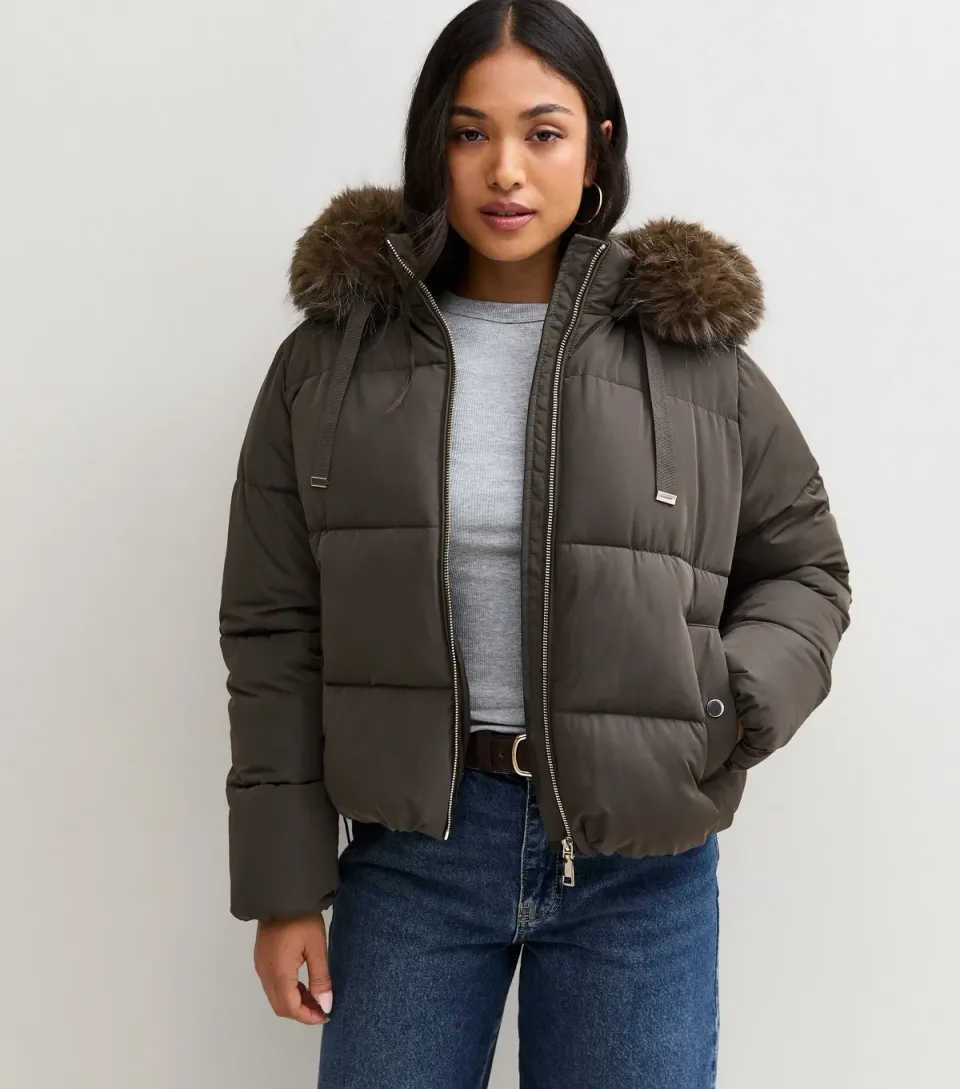 Women's Petite Dark Khaki Faux Fur Trim Hooded Puffer Jacket