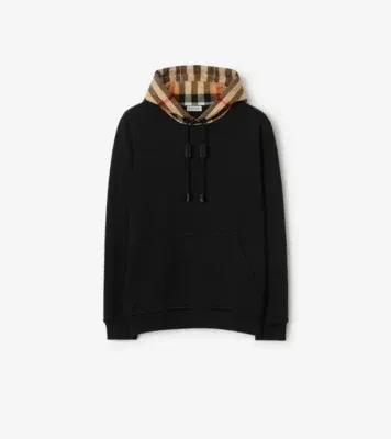 Check Hood Cotton Hoodie in Black