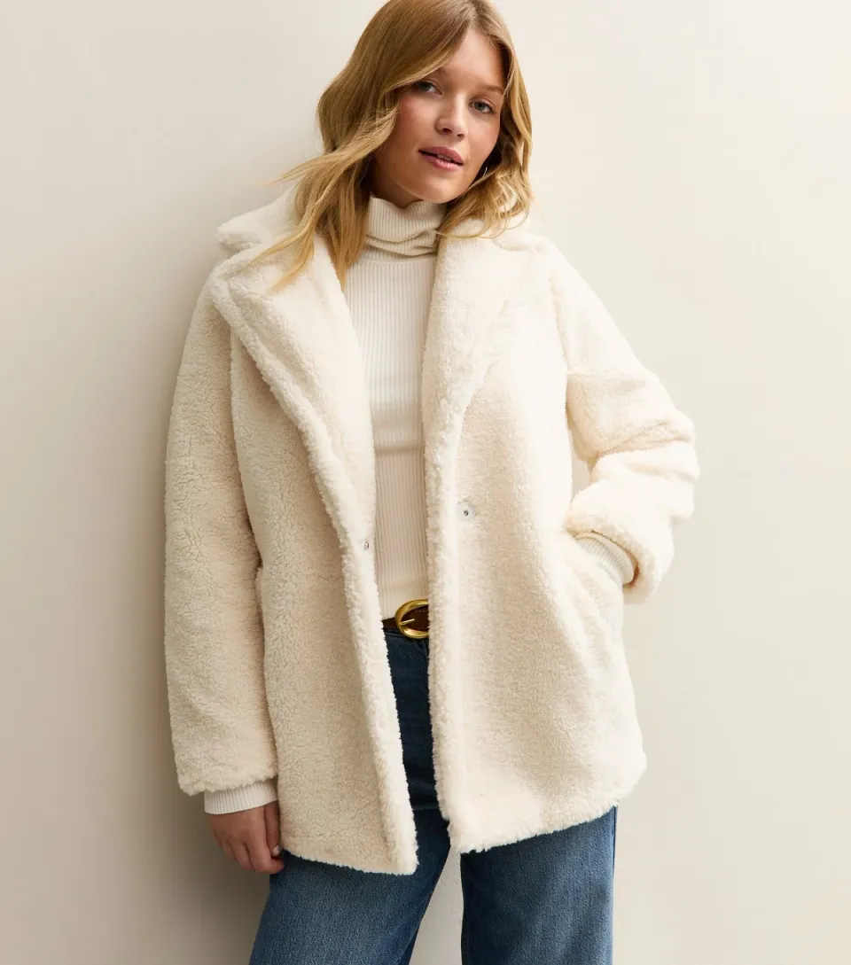 Women's Cream Collared Long Sleeve Borg Coat