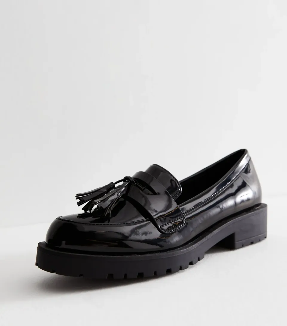 Women's Black Patent Tassel Chunky Loafers Vegan