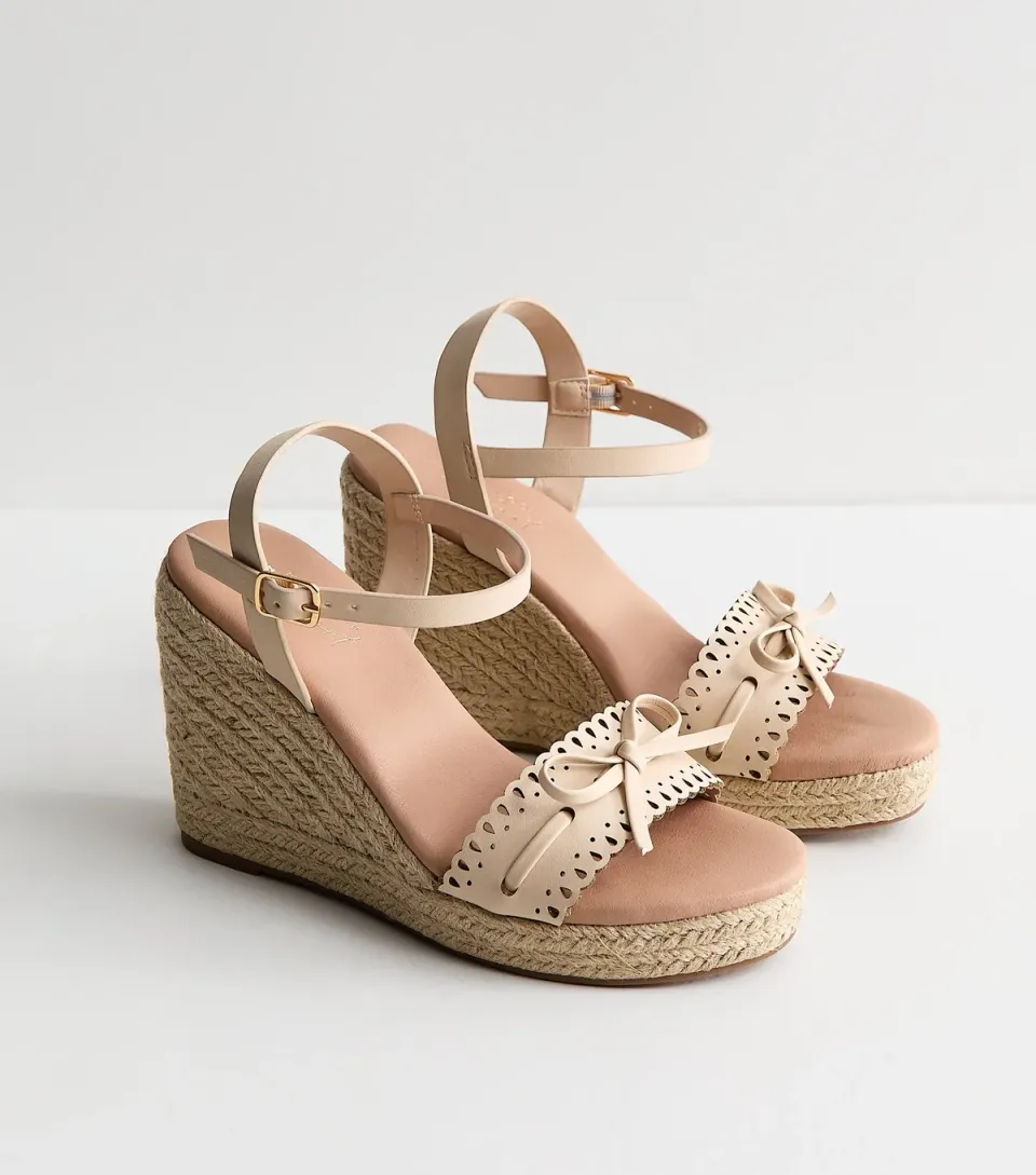 Women's Off White Faux Leather Threaded Bow Wedge Sandals Vegan