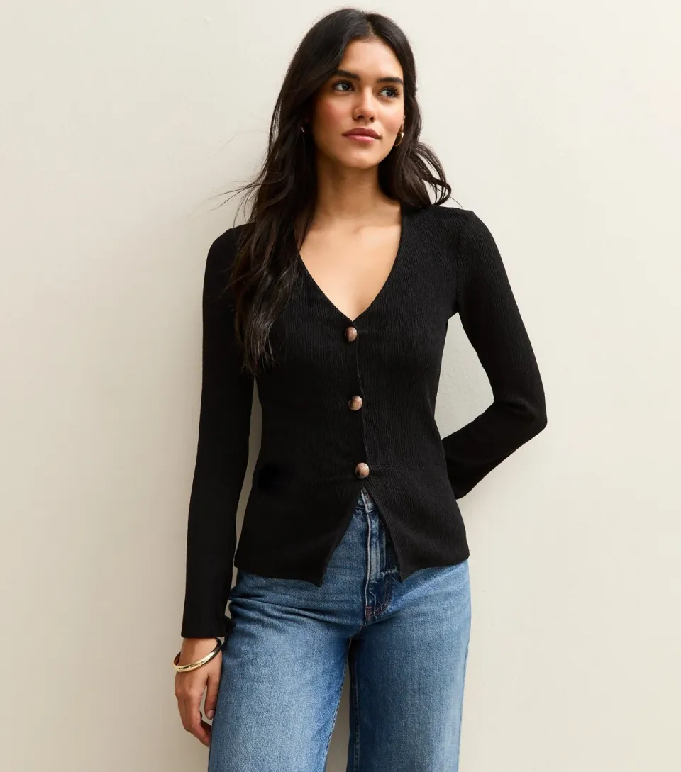 Women's Black Textured Button Through Long Sleeve Top