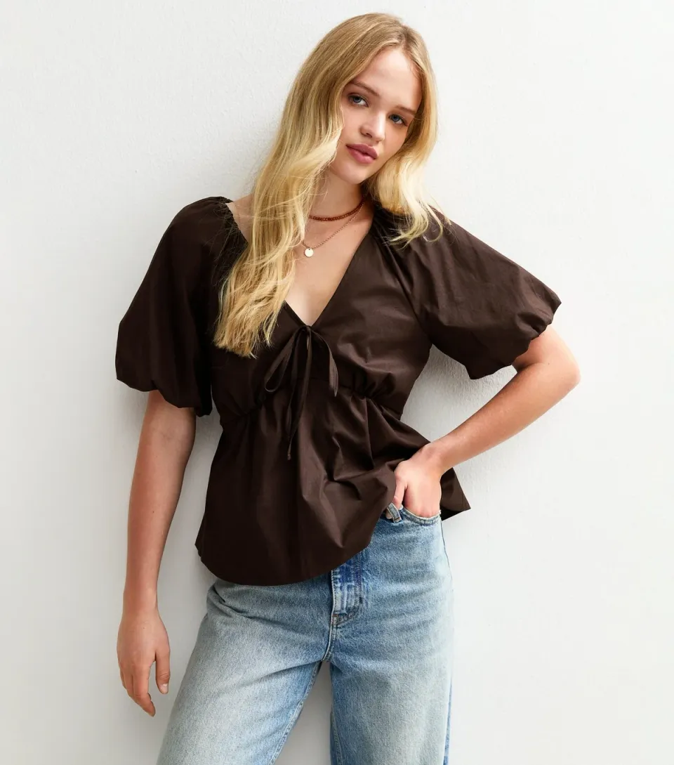 Women's Dark Brown Poplin V-Neck Tea Top