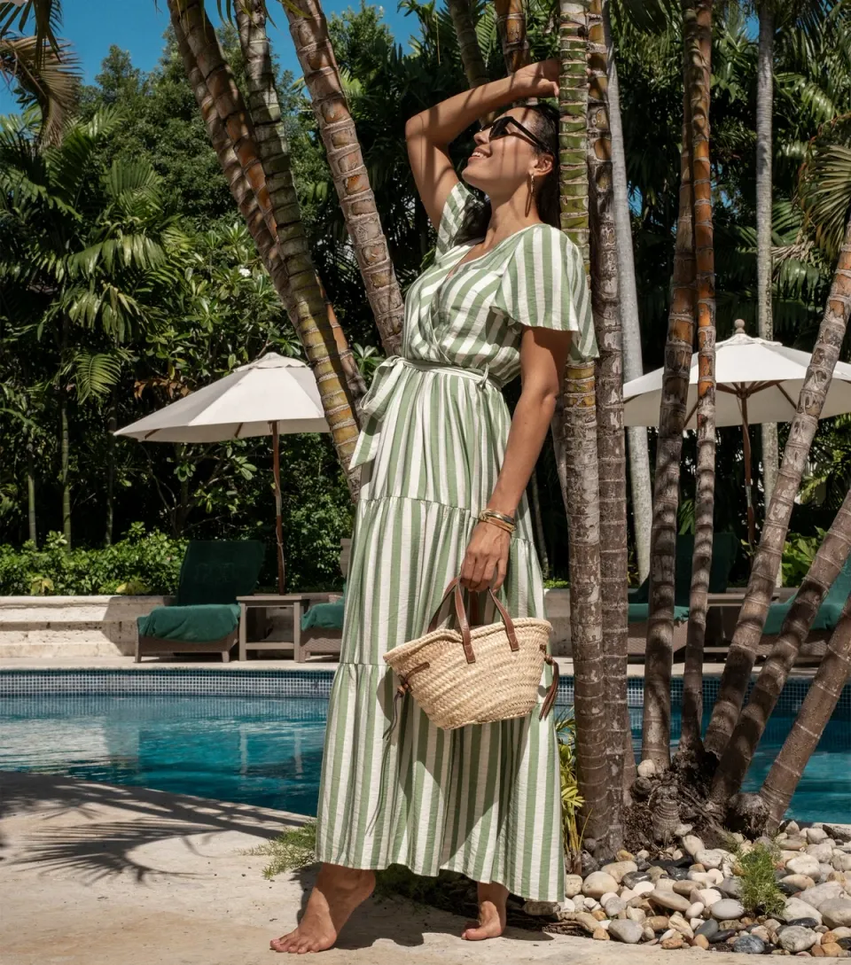 Women's Light Green Striped Wrap Waist Belted Midi Dress