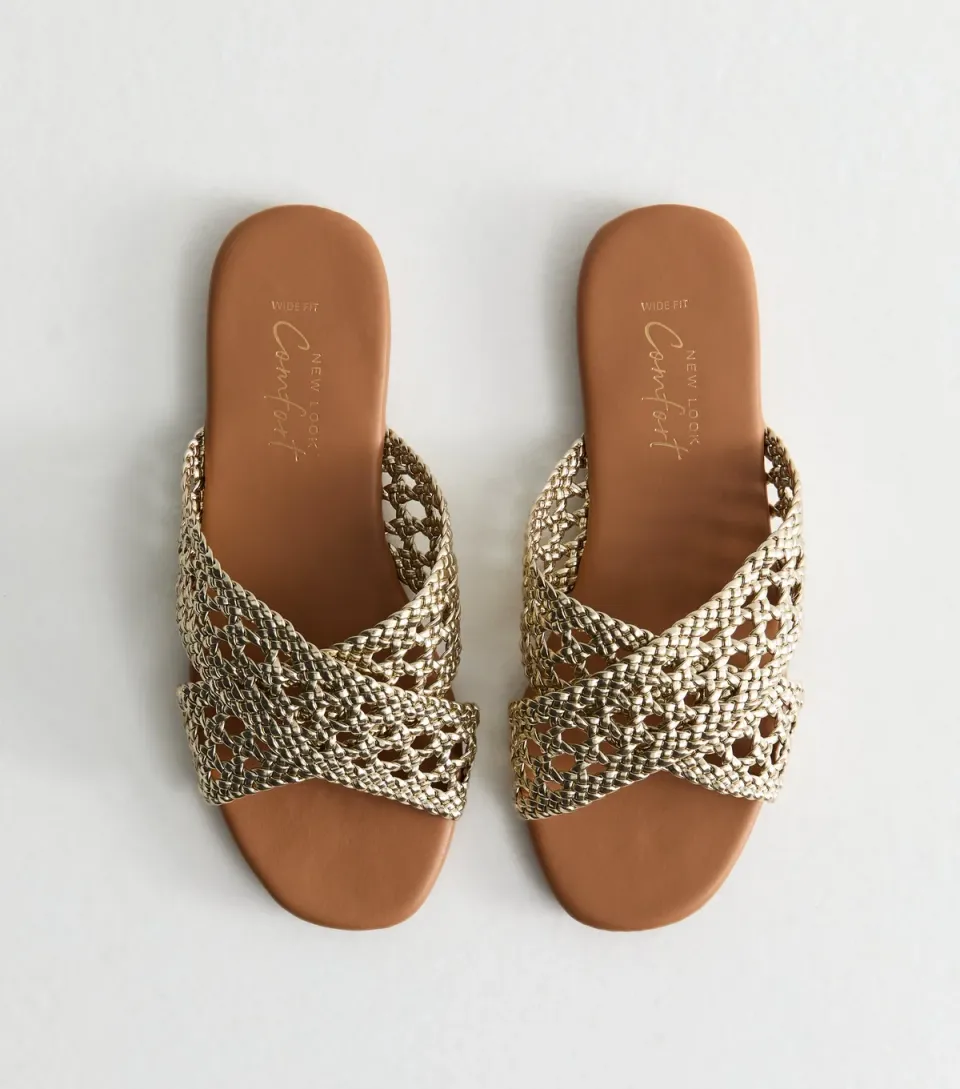 Women's Wide Fit Golden Woven Strap Mule Sandals Vegan