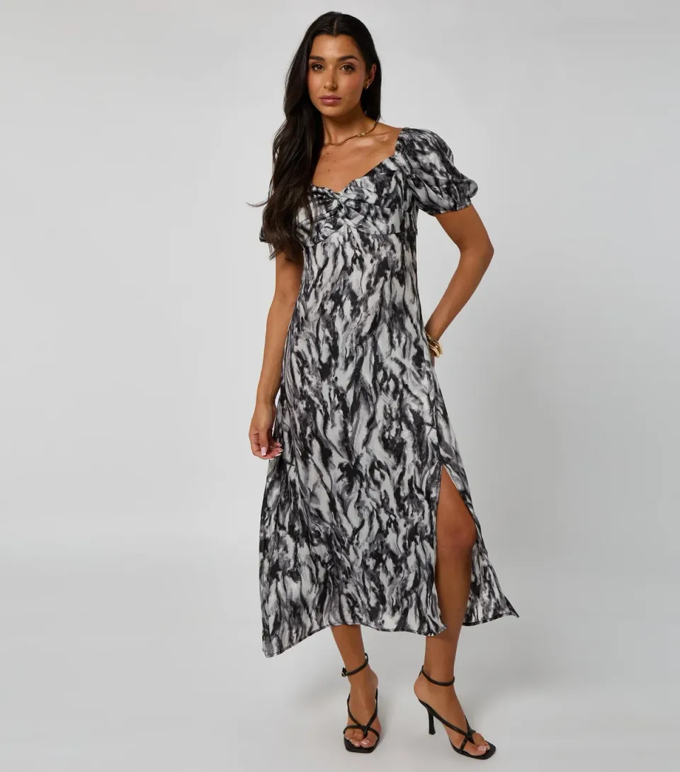 Women's Black Printed Knotted Front Slit Hem Midi Dress