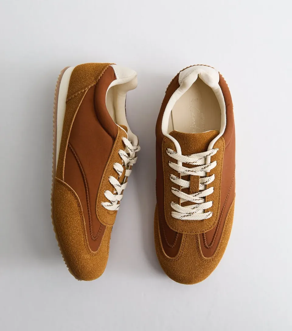 Women's Wide Fit Tan Faux Suede Panelled Lace Up Trainers Vegan