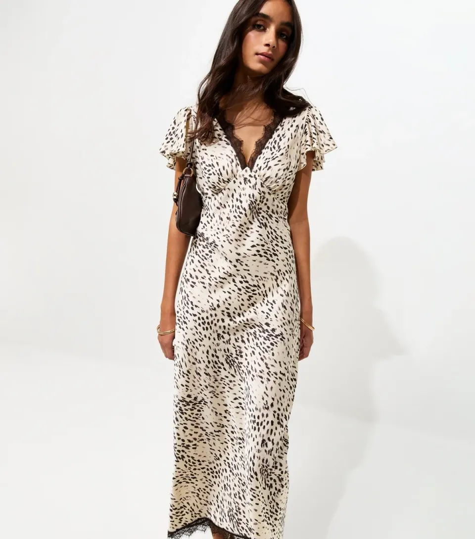 Women's Cream Satin Animal Print Flutter Sleeve Midi Dress
