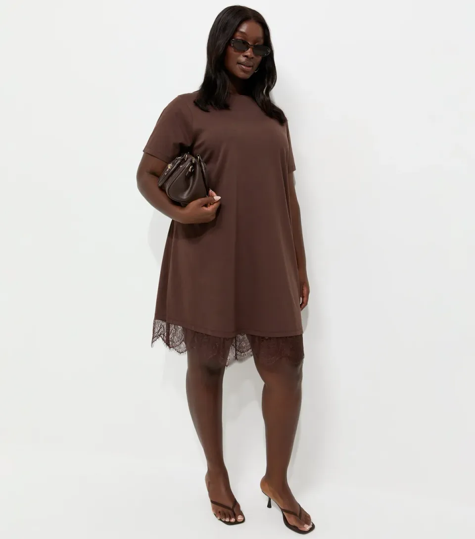 Women's Plus Size Brown Cotton Rich Lace Trim T Shirt Mini Dress Curves