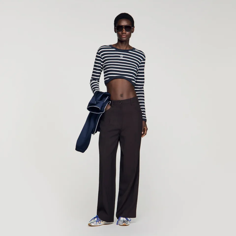 Cropped striped cotton T-shirt