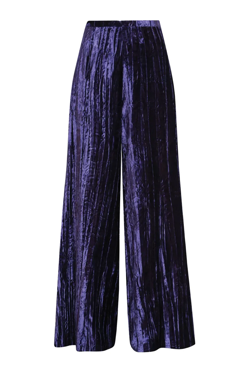 Palazzo Pants in Violet Crushed Velvet - Camille