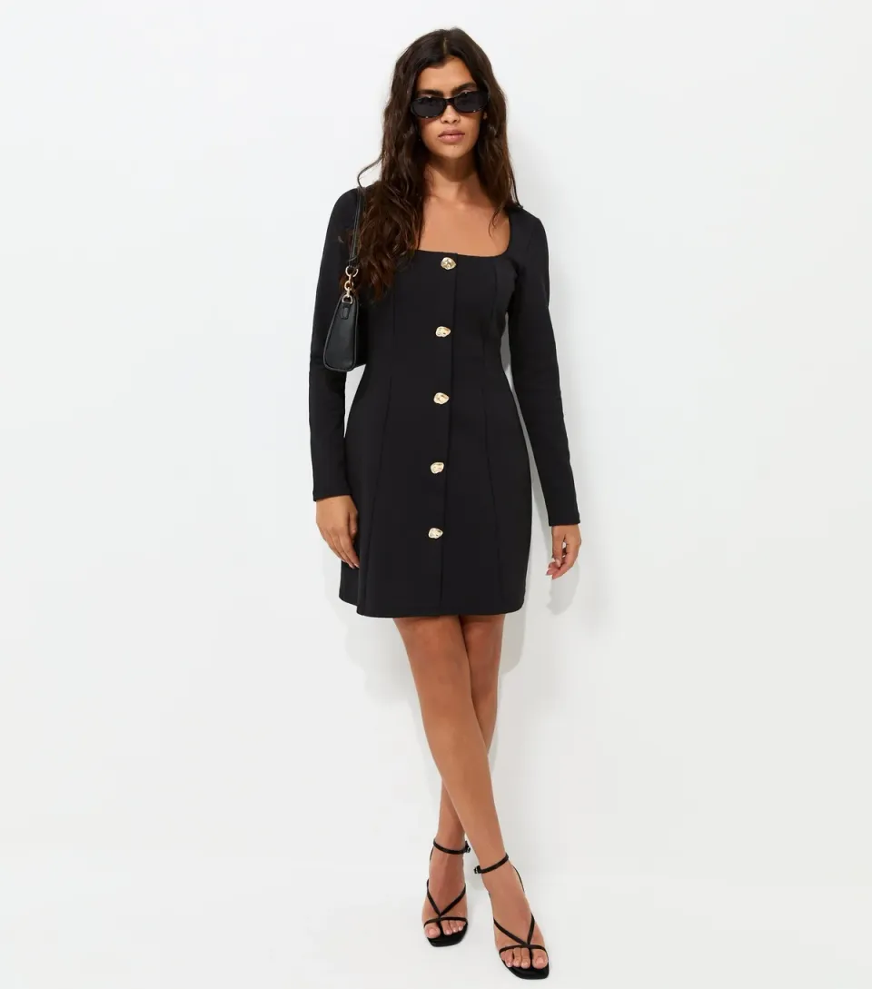 Women's Black Square Neck Long Sleeve Mini Dress