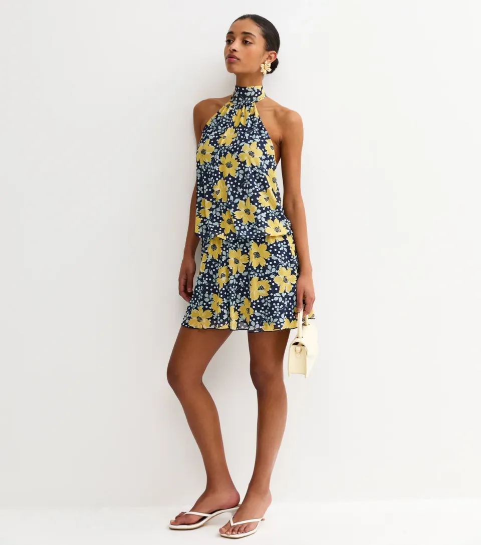 Women's Blue Floral Mesh Halter Neck Mini Dress
