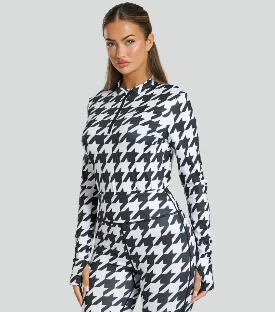 Women's Black Checked Half Zip Base Layer Top