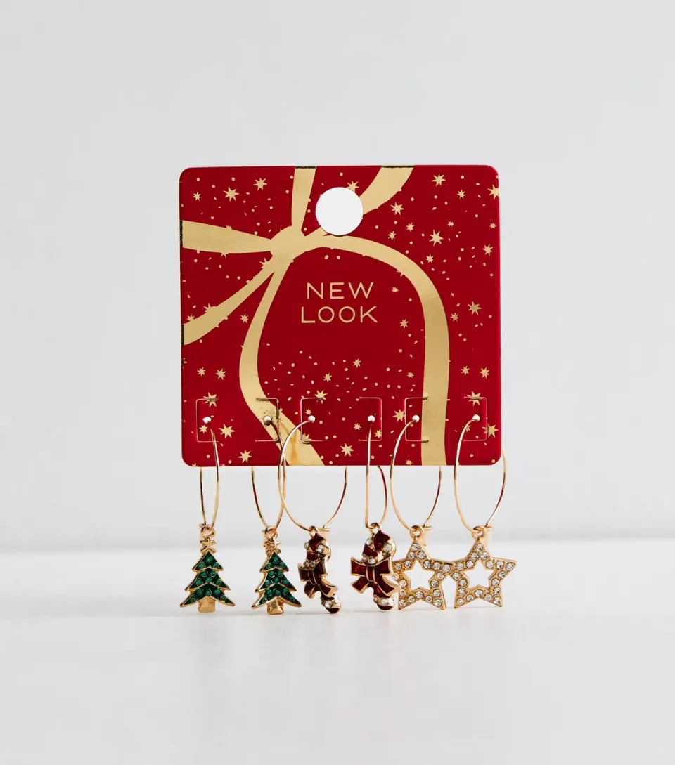 Pack Of 3 Gold Tone Christmas Charm Hoop Earrings