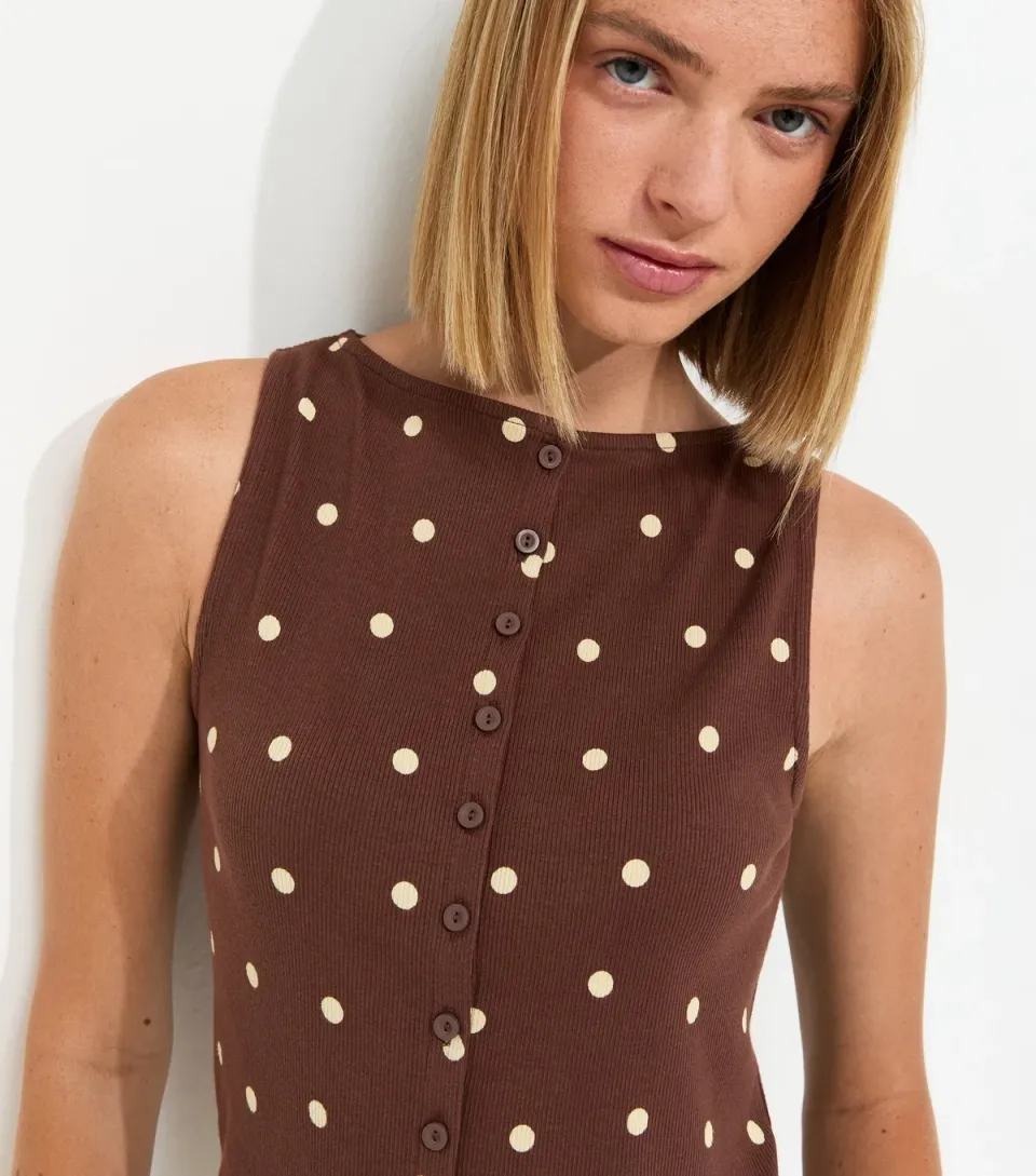 Women's Brown Cotton Rich Polka Dot Button Through Tank Top