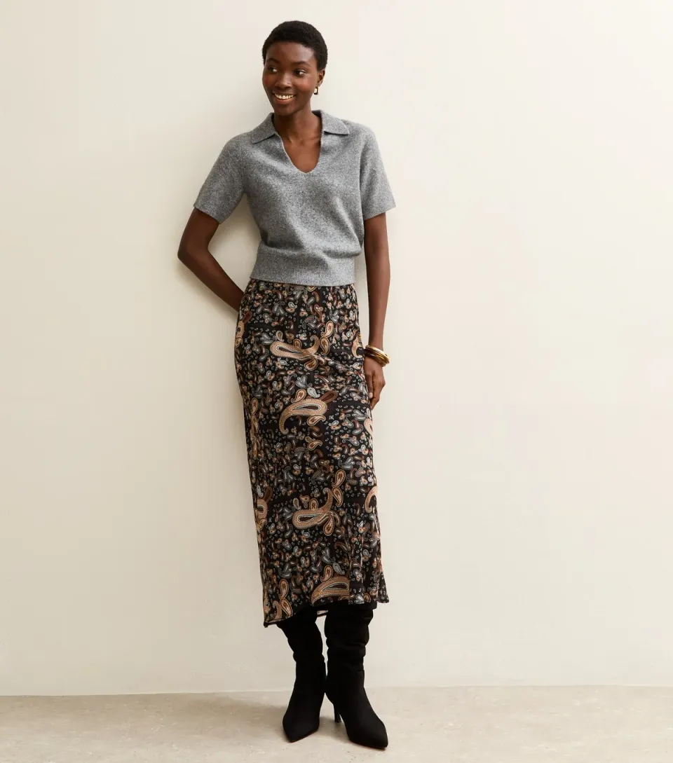 Women's Tall Black Chiffon Paisley Bias Cut Midi Skirt