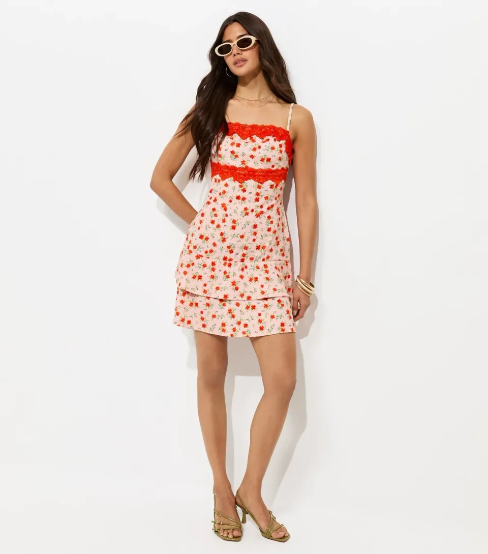 Women's Pink Crinkle Texture Floral Print Lace Trim Strappy Mini Dress