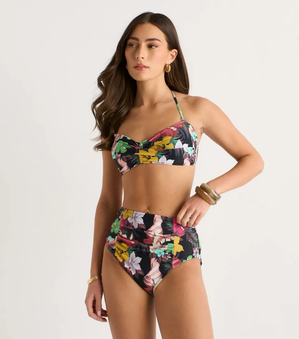 Women's Multicolour Floral Print Ruched Panel Bikini Bottoms