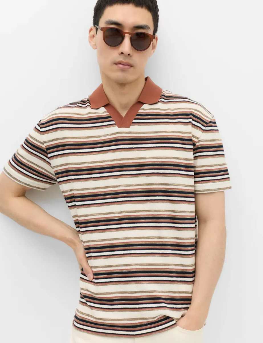 Cotton Blend Crepe Notch Neck Polo Shirt Rust Mix