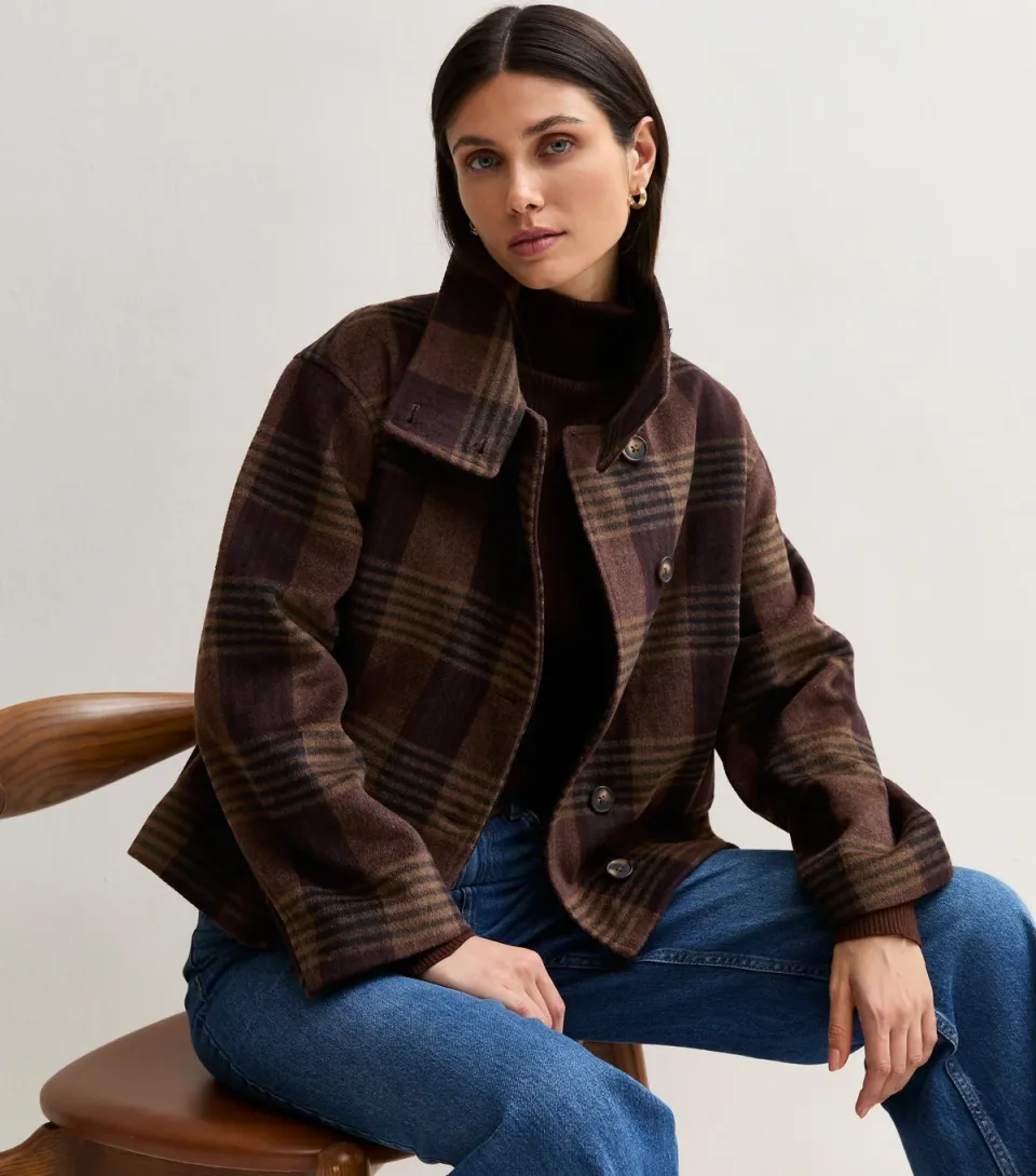 Women's Brown Felt Check Funnel Neck Jacket